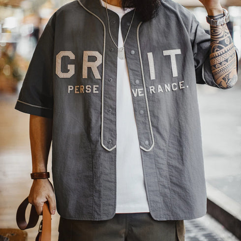 Premium Men's Baseball Shirt – Casual Letter Print Short Sleeve Color-Block Button-Up for Summer